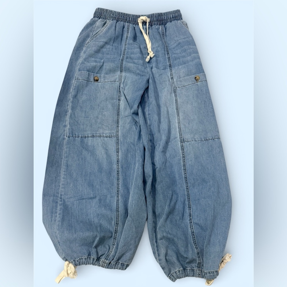 Wide Leg drawstring Denim Pants